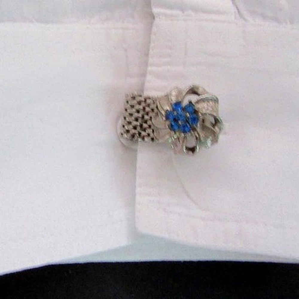 Vintage blue rhinestone silver tone ribbons unisex wrap cufflinks